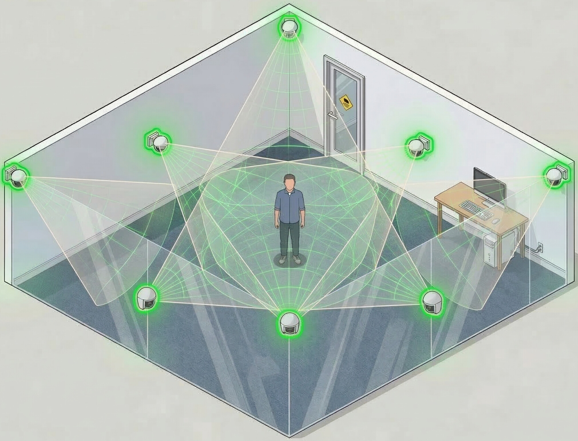 Isometric illustration of a 3D capture room with 8 perimeter cameras covering a human subject from all angles.