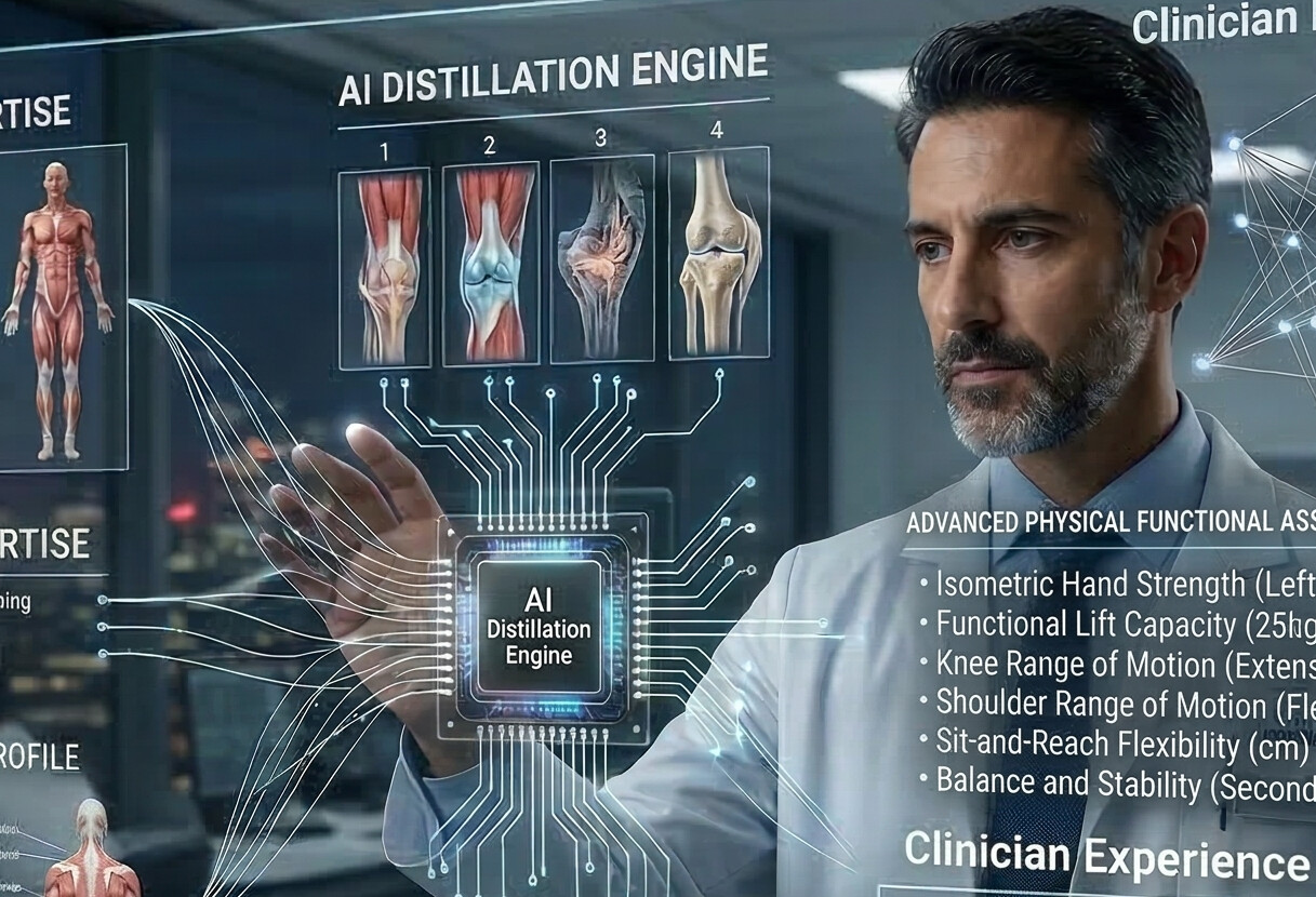 Doctor interacting with a futuristic anatomy and kinematics display.