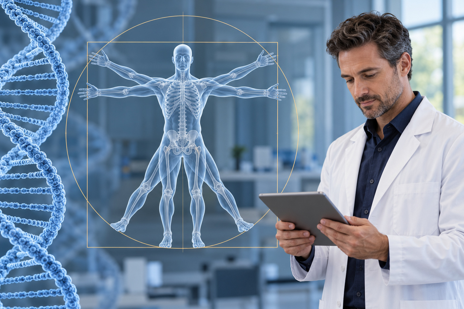 Male clinician using a tablet beside a translucent anatomical Vitruvian figure framed by a gold circle and square, with a blue DNA helix on the left.