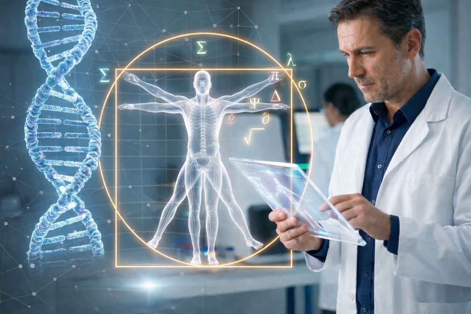 Male doctor using a futuristic touchpad with a glowing 3D Vitruvian Man, math symbols, and DNA.