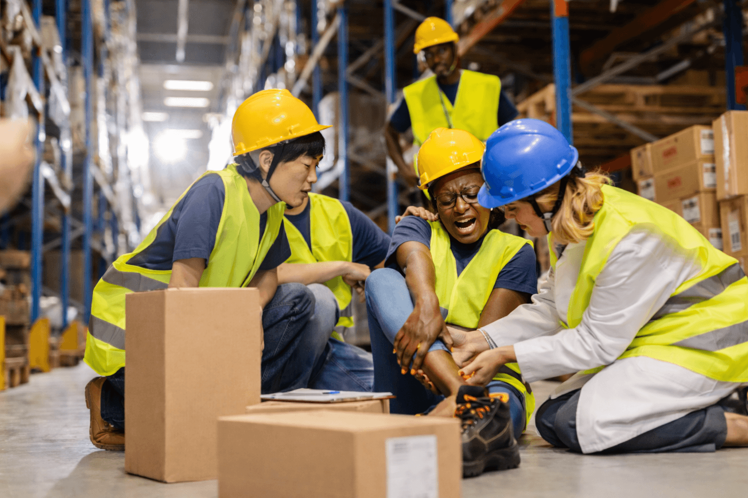 Three warehouse workers in hard hats and reflective vests kneel on the floor helping an injured coworker while boxes and storage racks surround them.