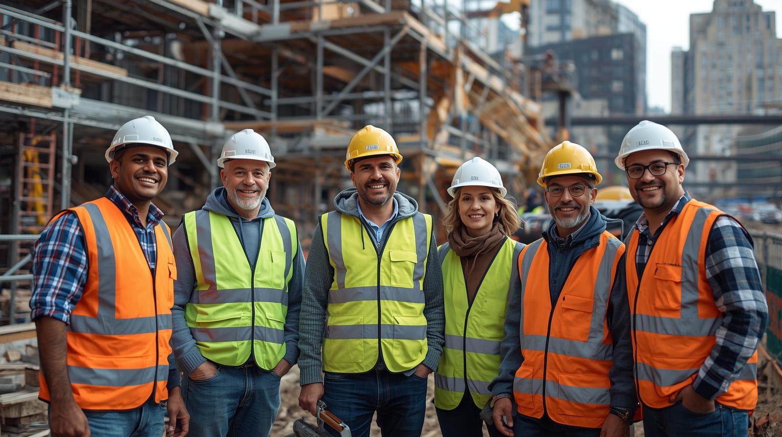 Diverse group of smiling construction workers posing together.