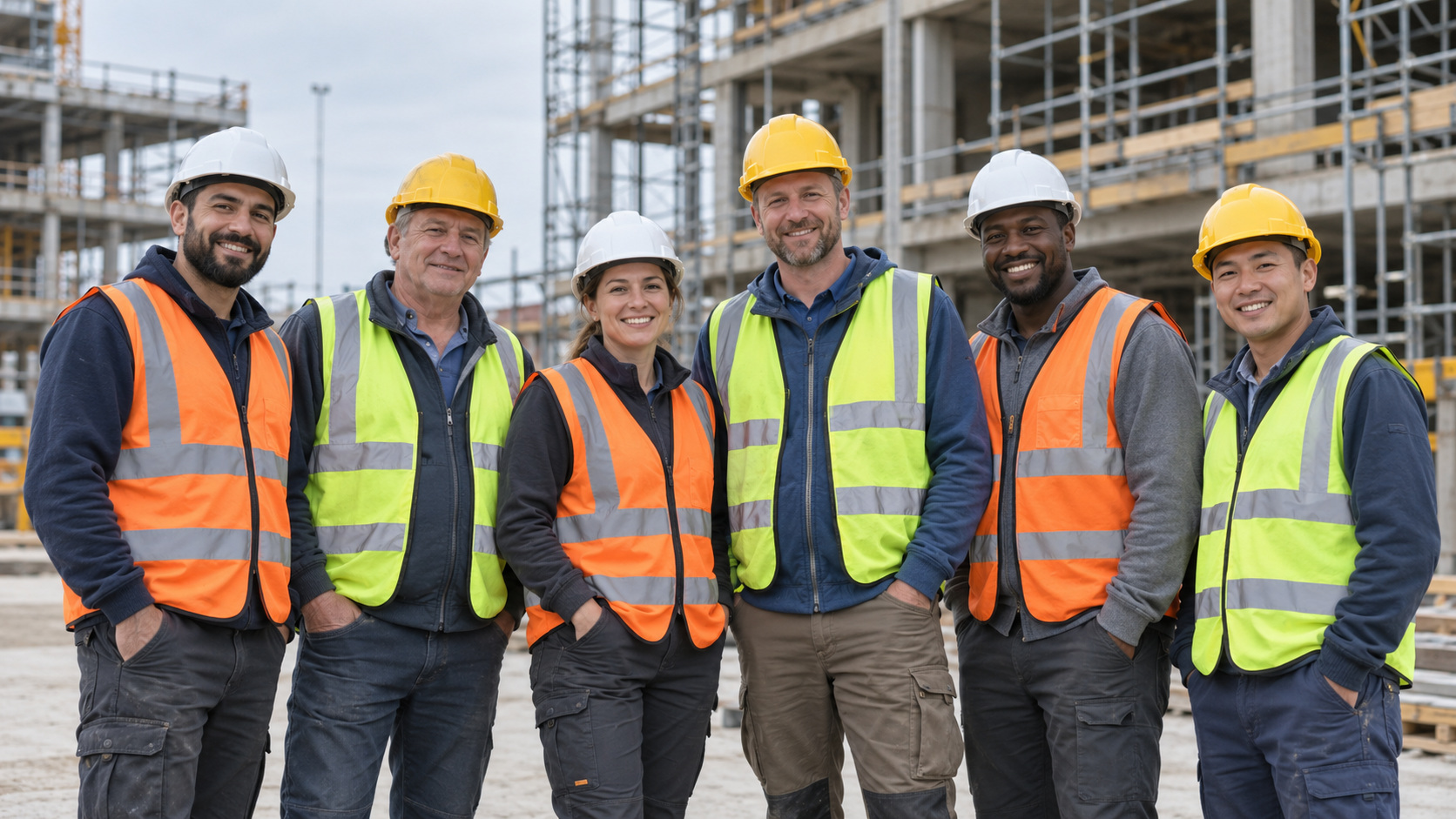 Diverse group of smiling construction workers posing together.
