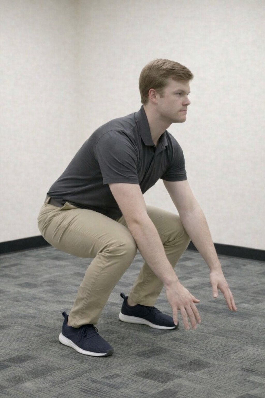Man in plainclothes squatting in a doctor's office for motion analysis.