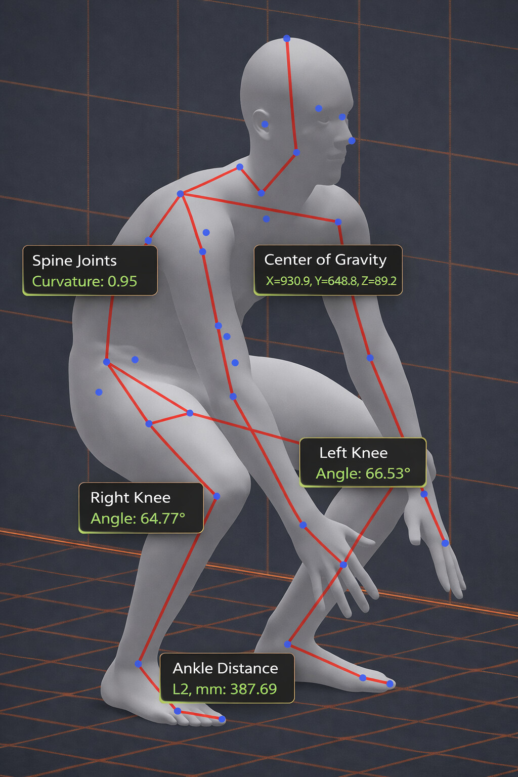 3D surface model computer view of a squatting man with blue joint points and angle/curvature labels.