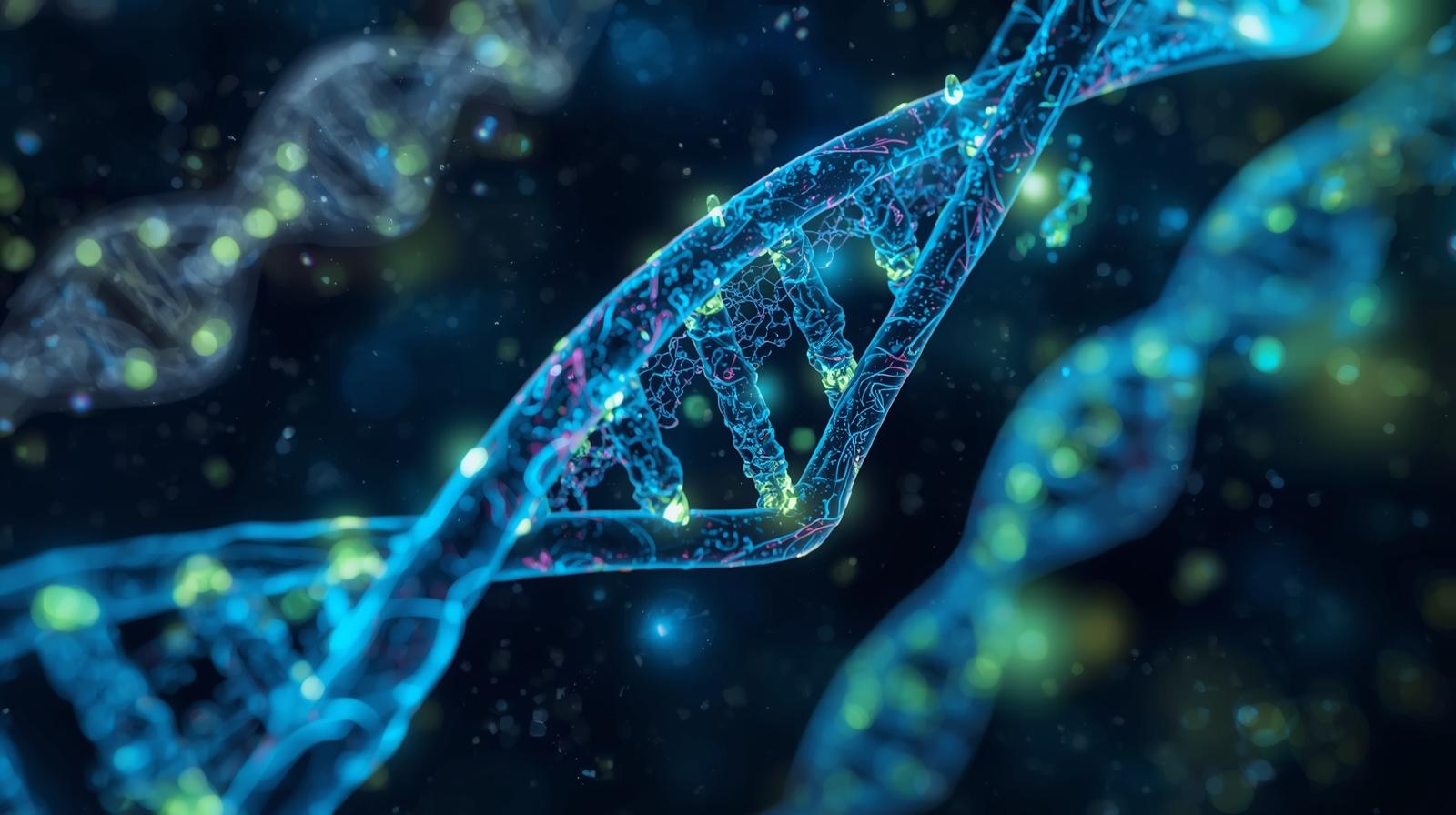 Closeup of blue and green DNA strands.