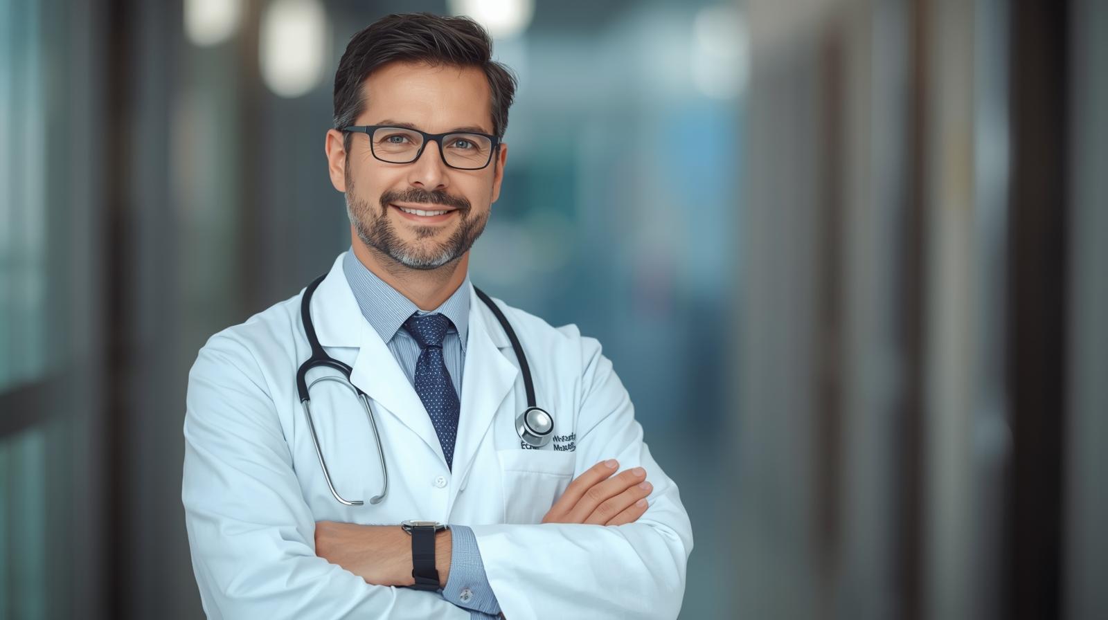 Male doctor crossing arms confidently and smiling.