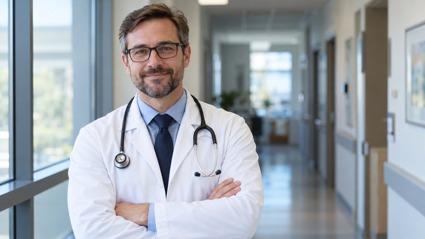 Smiling male doctor with dark hair, a short beard and glasses, wearing a white coat with his arms folded.