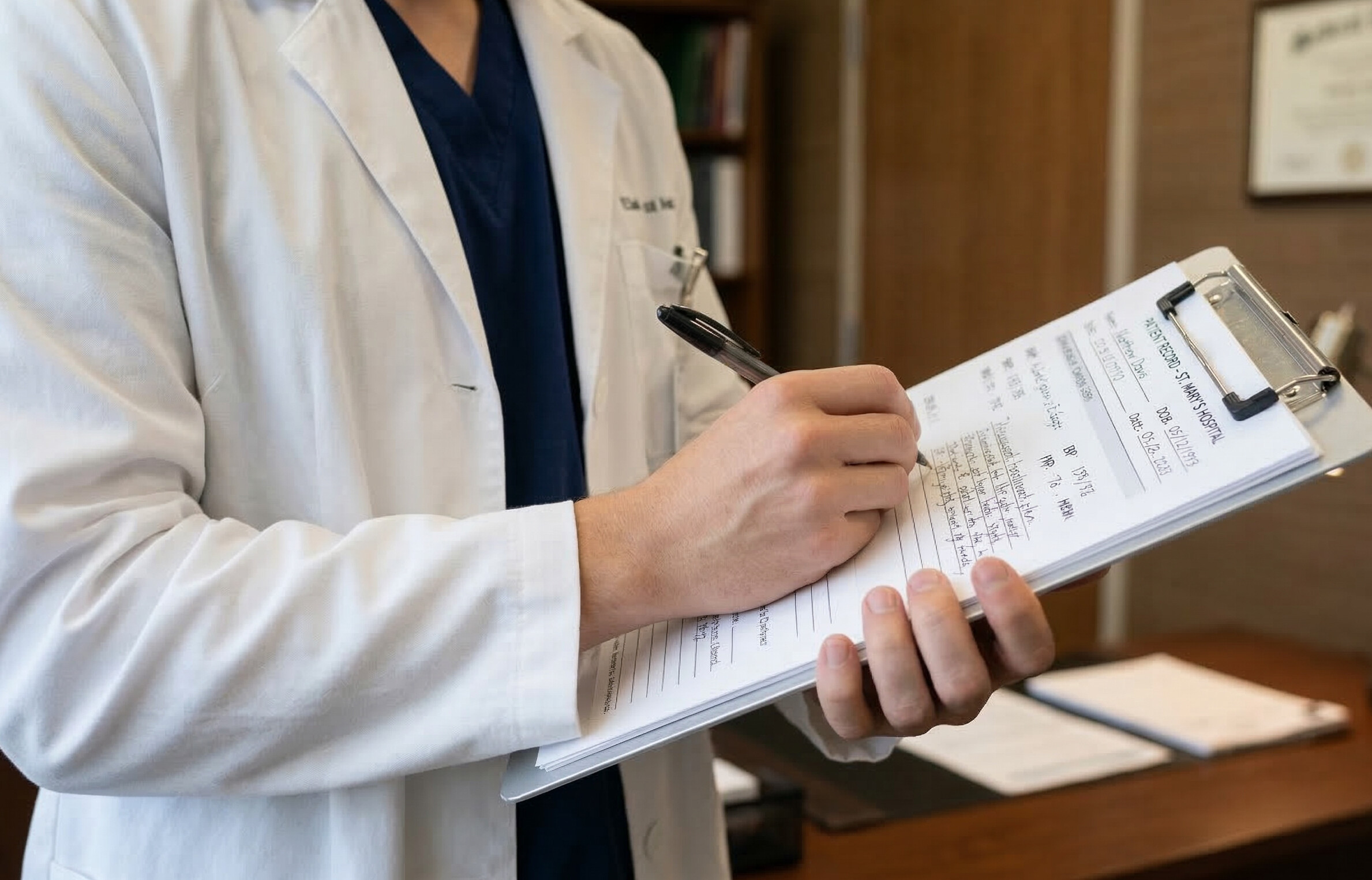 Closeup of a male doctor in a lab coat writing on a clipboard.