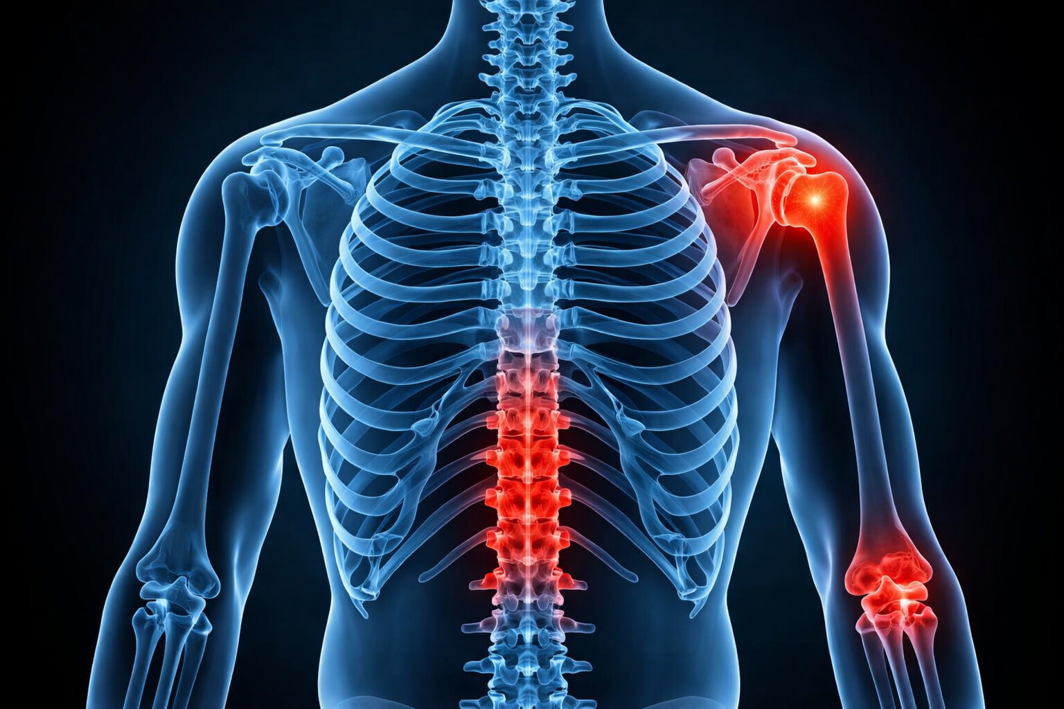 Front view of a transparent glowing blue torso against black, with red highlights on the spine, elbow, and shoulder indicating hidden conditions.