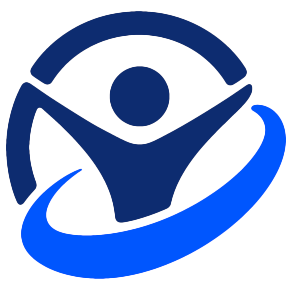 Primary brand asset for Health Motion Labs, used in site header and potentially other branding locations. It is a blue abstract logo showing a human figure with raised arms inside a partial circular arc, accented by a bright blue swoosh beneath it, with a transparent background.