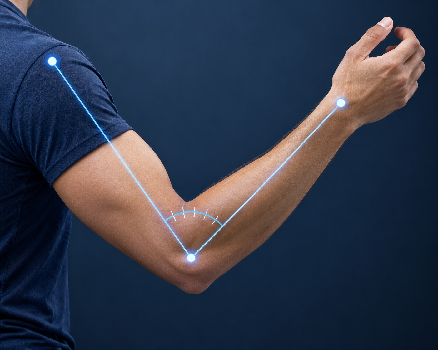 Close-up of a bent human arm with shoulder, elbow and wrist landmarks, connecting lines and a calibrated angle arc, illustrating precise movement geometry.