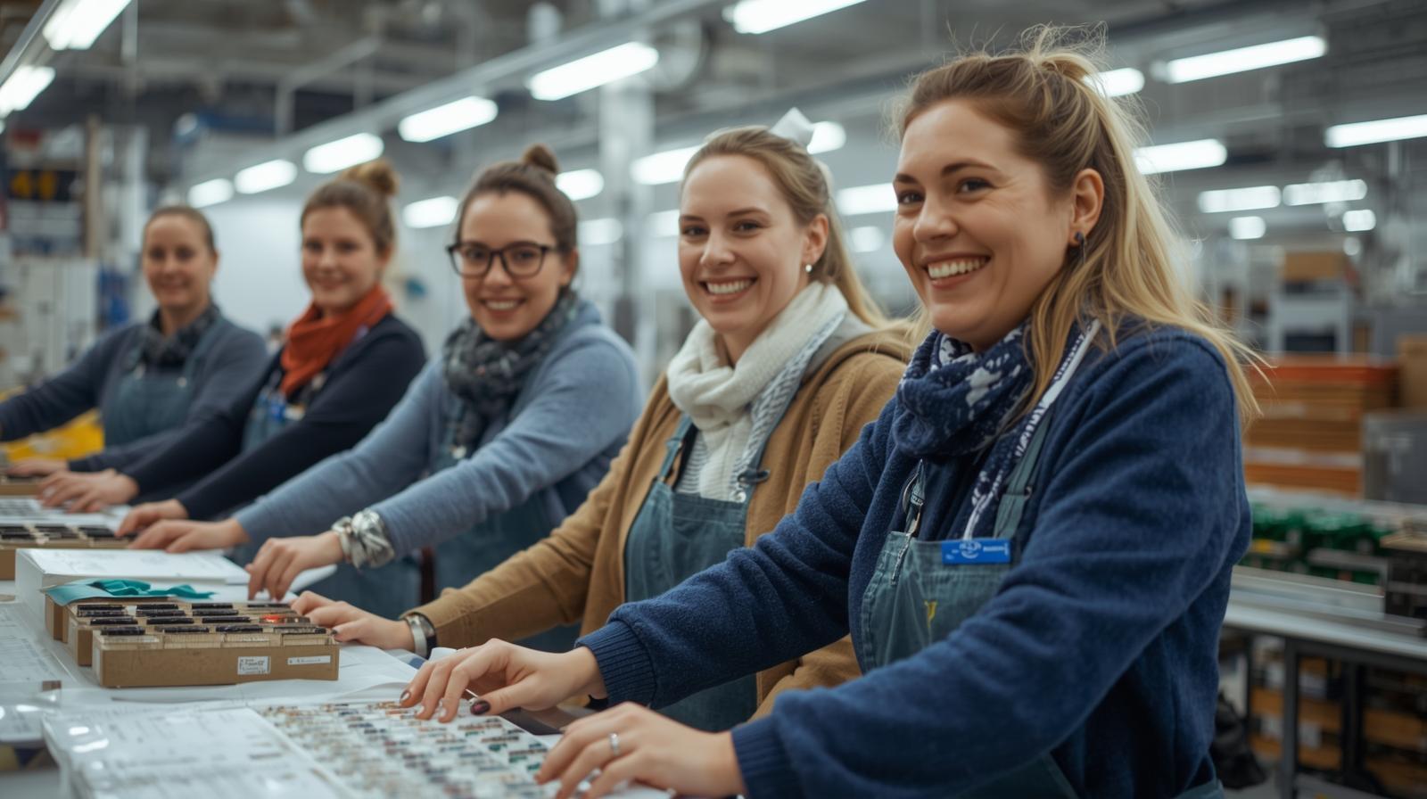 Group of female factory workers smiling happily on an assembly line.